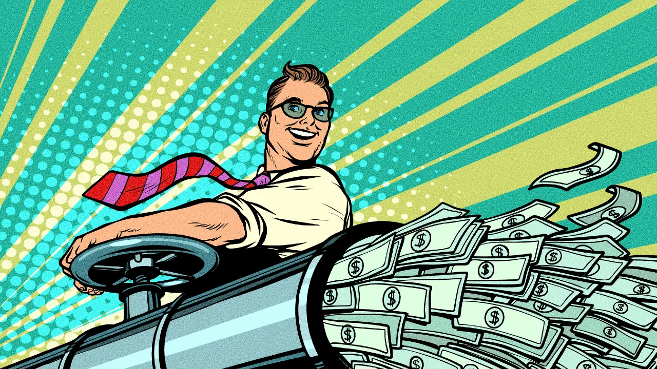 Un uomo sorridente con gli occhiali e una cravatta a righe rosse guida una grande macchina che spara fuori pile di banconote da un dollaro, con uno sfondo colorato in stile fumetto con raggi e puntini.
