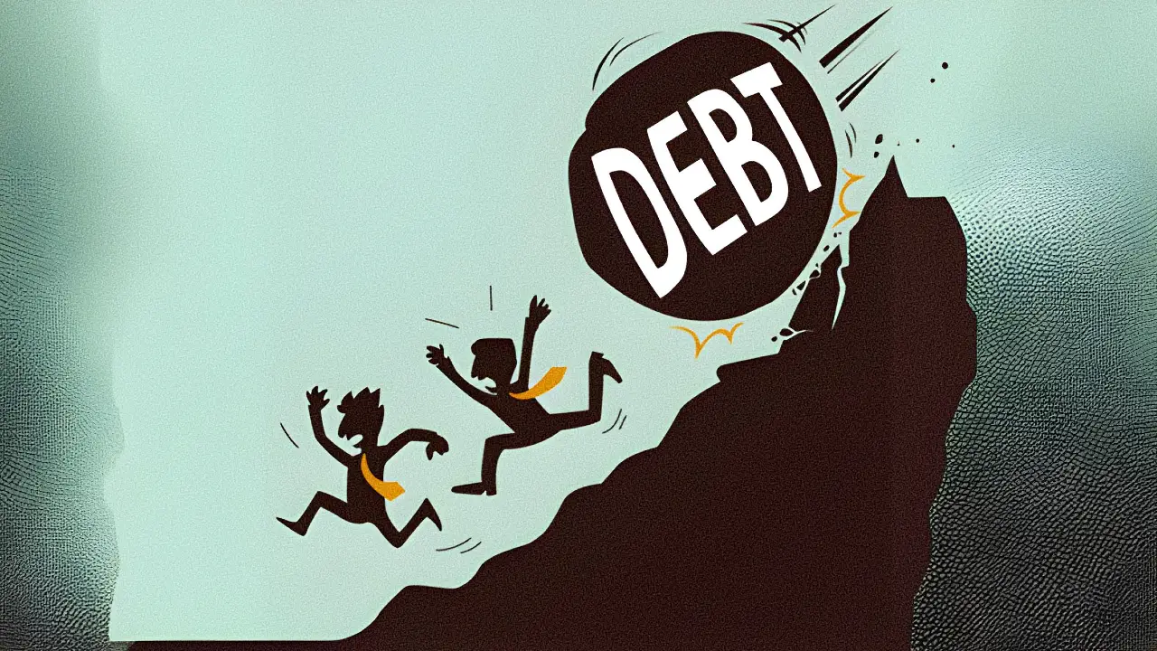 Illustrazione di due persone che corrono in discesa, con aria spaventata, mentre un grosso masso con la scritta "DEBITO" rotola verso di loro dall'alto.