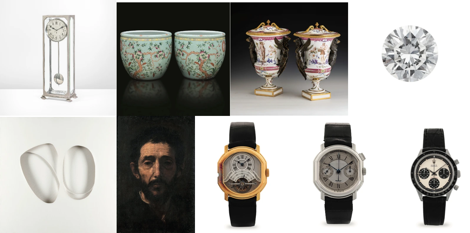 Un collage di nove immagini: un alto orologio d'argento, due tazze di porcellana a fiori, due vasi ornati, un diamante rotondo, due sculture astratte d'argento, un ritratto dipinto di un uomo e tre orologi da polso di lusso con cinturino nero.