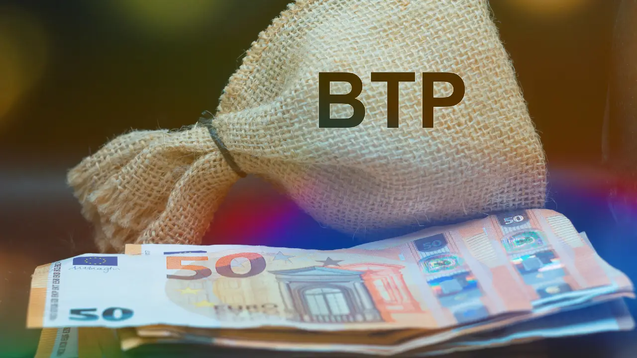 Una pila di banconote da 50 euro giace davanti a un sacco di iuta con la scritta "BTP", che simboleggia l'investimento o il risparmio in titoli di Stato.