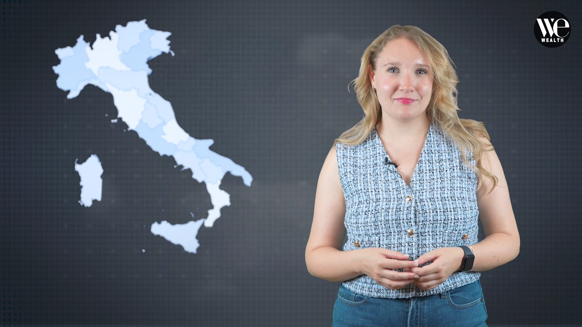 A woman stands in front of a dark background with a light blue map of Italy on the left. She is smiling, wearing a sleeveless blue top and jeans. The "We Wealth" logo is in the top right corner.