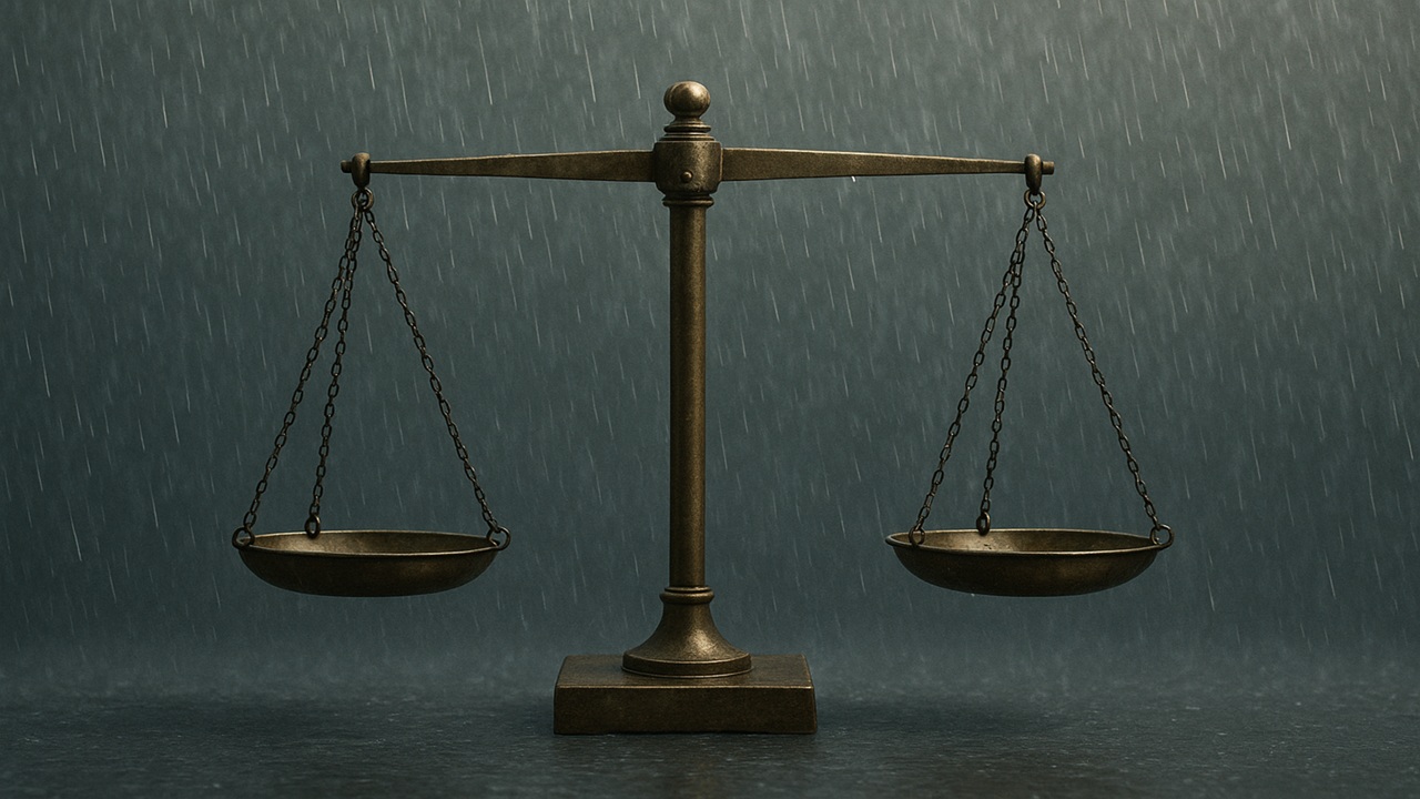 Una bilancia di ottone con due tegami vuoti si trova su una superficie scura su uno sfondo grigio, a simboleggiare la giustizia o l'equità. Una luce sottile mette in risalto il metallo, mentre sullo sfondo cade la pioggia.