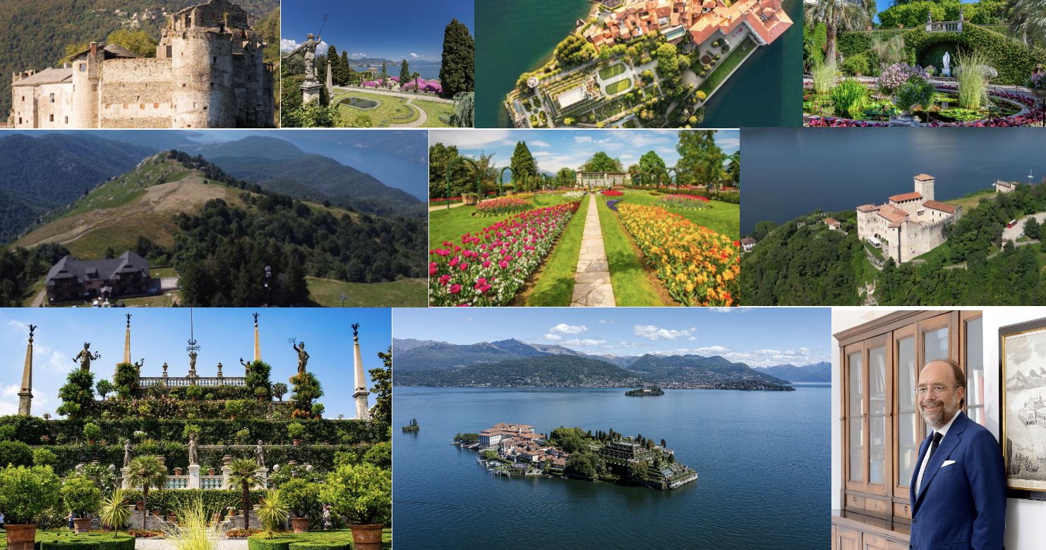 Un collage di castelli lacustri italiani Borromeo, giardini ornati, montagne panoramiche, vedute aeree di ville e isole storiche e un uomo in giacca e cravatta che sorride in casa.