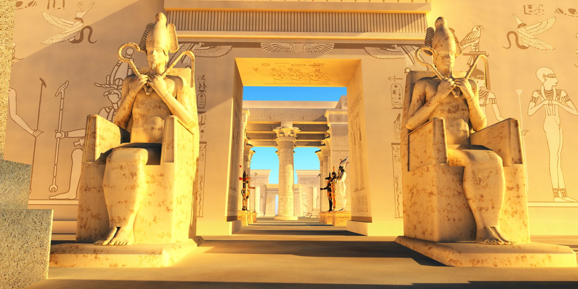 Due grandi statue egizie sedute su troni fiancheggiano l'ingresso di un tempio illuminato dal sole con geroglifici e colonne, che conduce a un cortile interno con altre statue e sculture dettagliate.
