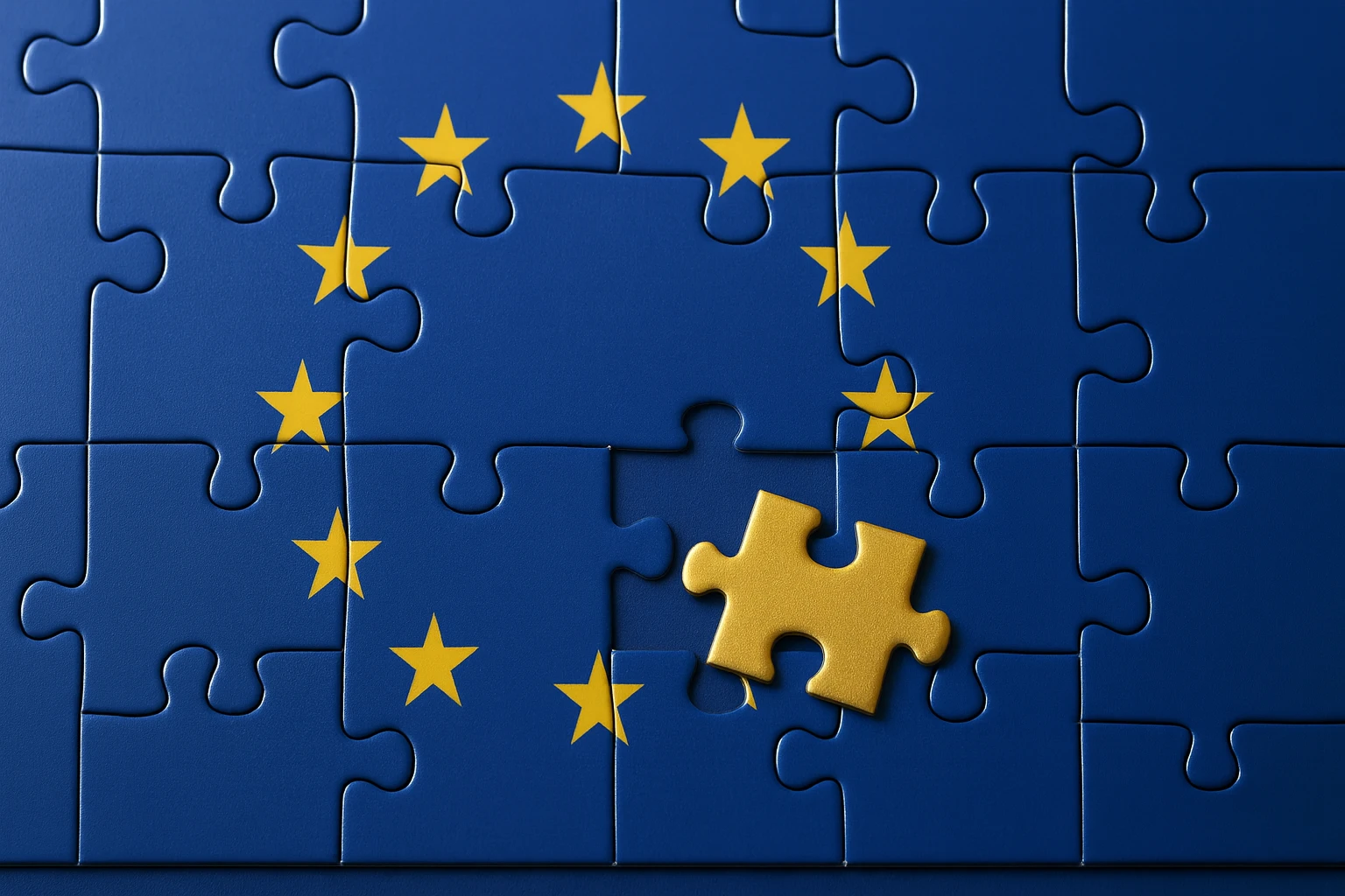 Un puzzle che raffigura la bandiera dell'Unione Europea, con stelle gialle su sfondo blu. Un pezzo mancante è posizionato vicino, a simboleggiare una lacuna nell'azionario europeo.