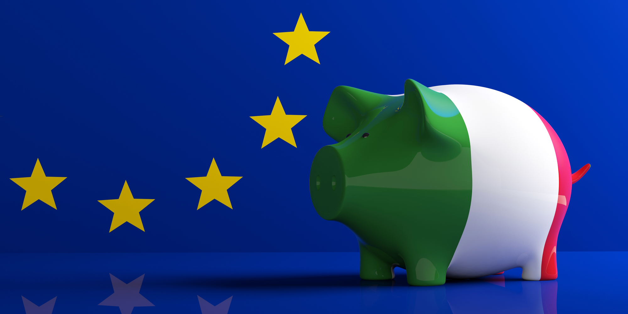 Un salvadanaio dipinto con i colori della bandiera italiana si trova davanti a uno sfondo blu con stelle gialle dell'UE, a simboleggiare le finanze dell'Italia e la cultura dell'assogestioni risparmio all'interno dell'Unione Europea.