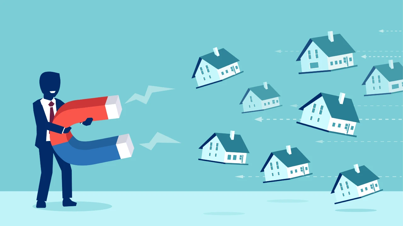 Illustrazione di una persona in giacca e cravatta che tiene in mano una grande calamita che attira più case, a simboleggiare come gli stranieri siano attratti dagli investimenti immobiliari in Italia.