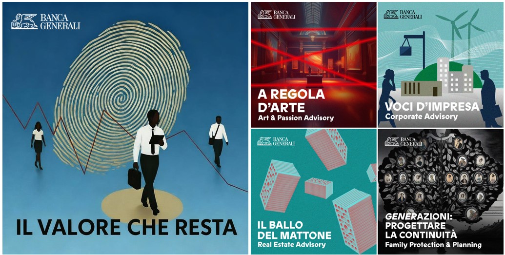 Un collage di quattro copertine di podcast di Banca Generali: una grande impronta digitale con uomini d'affari, un'arte astratta a luci rosse, sagome che parlano di affari, blocchi impilati e una famiglia con frecce verdi. I testi sono in italiano e riguardano argomenti di finanza e consulenza.