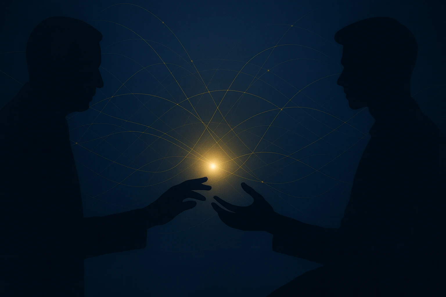 Two silhouetted figures face each other in a dark space, reaching toward a glowing point of light between them. Curved yellow lines radiate outward, suggesting connection or energy—representing insurance and the next gen forging new bonds.