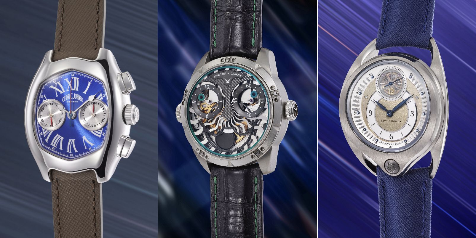 Scoprite questo orologio collezione prototipo: tre orologi da polso unici caratterizzati da un quadrante blu con numeri romani, un movimento meccanico a vista e un quadrante rotondo con cinturino in tessuto blu, su uno sfondo blu sfocato.