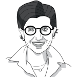 A black and white line drawing of a person with short, dark hair, round glasses, earrings, a necklace, and a collared shirt, smiling and facing forward.