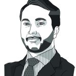Black and white digital illustration of a man with short dark hair, a trimmed beard, and mustache, wearing a suit, dress shirt, and patterned tie. He is facing forward and smiling slightly.