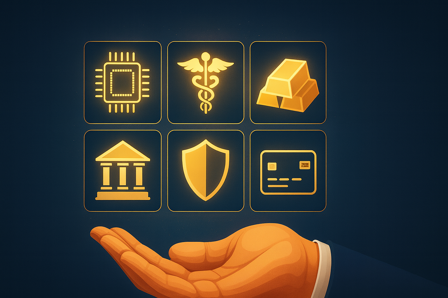 Una mano regge sei icone luminose che rappresentano un microchip, un simbolo medico, lingotti d'oro, una banca, uno scudo e una carta di credito, a simboleggiare la tecnologia, la sanità, la ricchezza, la finanza, la sicurezza e l'attività bancaria, perfetti per i tematici Vontobel Memory Cash Collect.