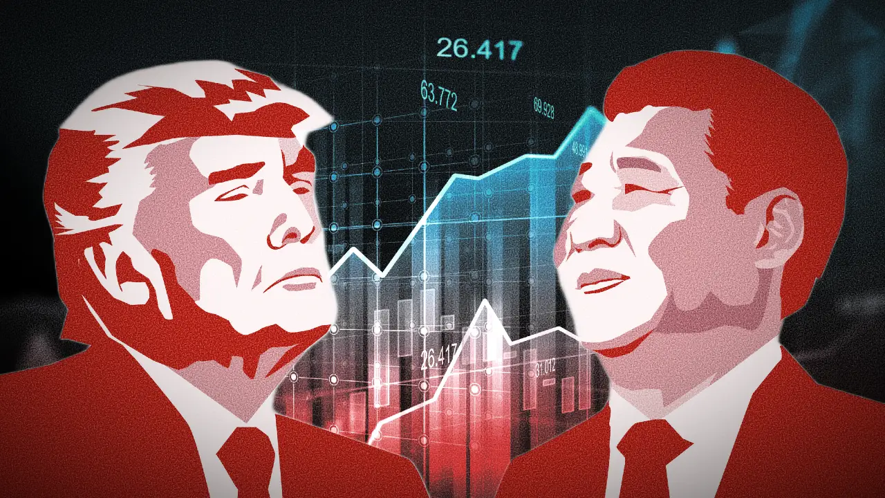 Illustrazioni stilizzate di due uomini in giacca e cravatta che si fronteggiano, con grafici finanziari e numeri sullo sfondo, che suggeriscono un contesto economico o politico.