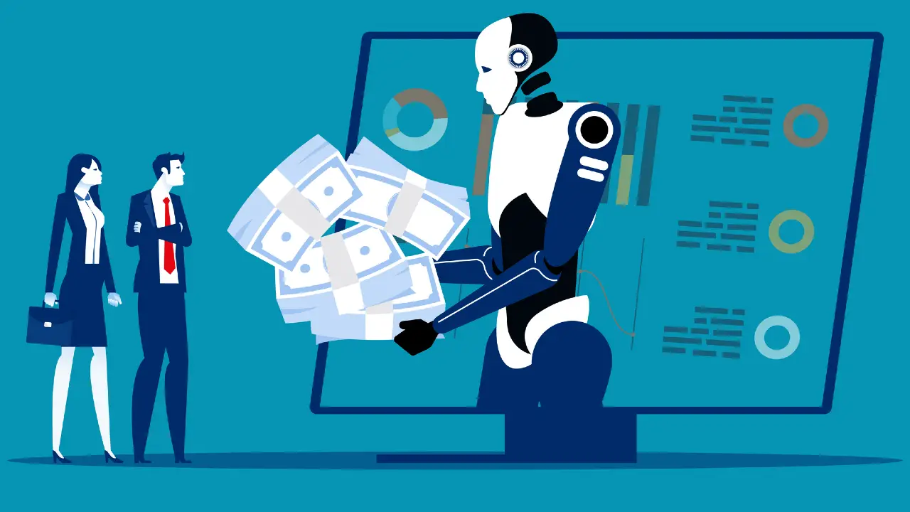 Un robot consegna pile di denaro a una donna d'affari e a un uomo d'affari, con un grande schermo che mostra grafici e dati sullo sfondo, a rappresentare la tecnologia finanziaria o gli investimenti guidati dall'intelligenza artificiale.