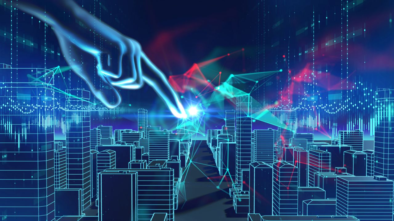 Una mano digitale luminosa tocca un paesaggio urbano futuristico di edifici wireframe blu, con forme geometriche astratte e flussi di dati sullo sfondo, evocando la tecnologia, le smart city e la raccolta settembre.