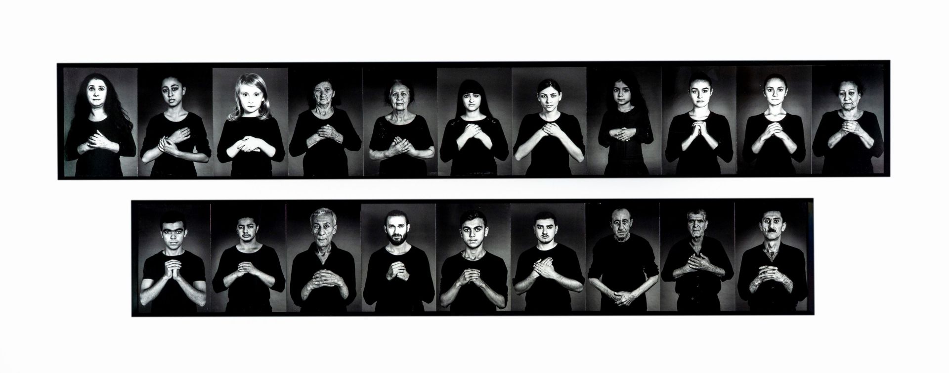 Two rows of black-and-white portraits show individuals of various ages, all wearing black, posing against a plain background with their hands placed on their chests or holding their hands together in front.