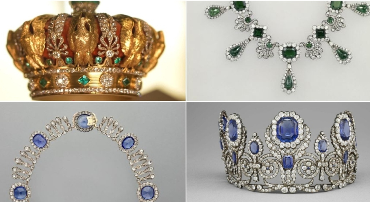 Un collage di gioielli reali: una corona d'oro con gemme verdi e bianche, una collana di diamanti e smeraldi, un delicato diadema con pietre blu e una corona ornata con grandi gemme blu e bianche.
