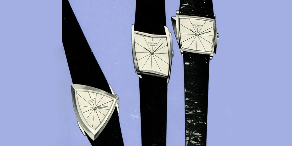 Tre orologi da polso dalla forma unica, con quadranti bianchi e cinturini neri, sono esposti su uno sfondo viola chiaro. Ogni orologio è caratterizzato da casse geometriche e angolari e da quadranti minimalisti, che mettono in mostra l'estetica moderna del design orologiero.
