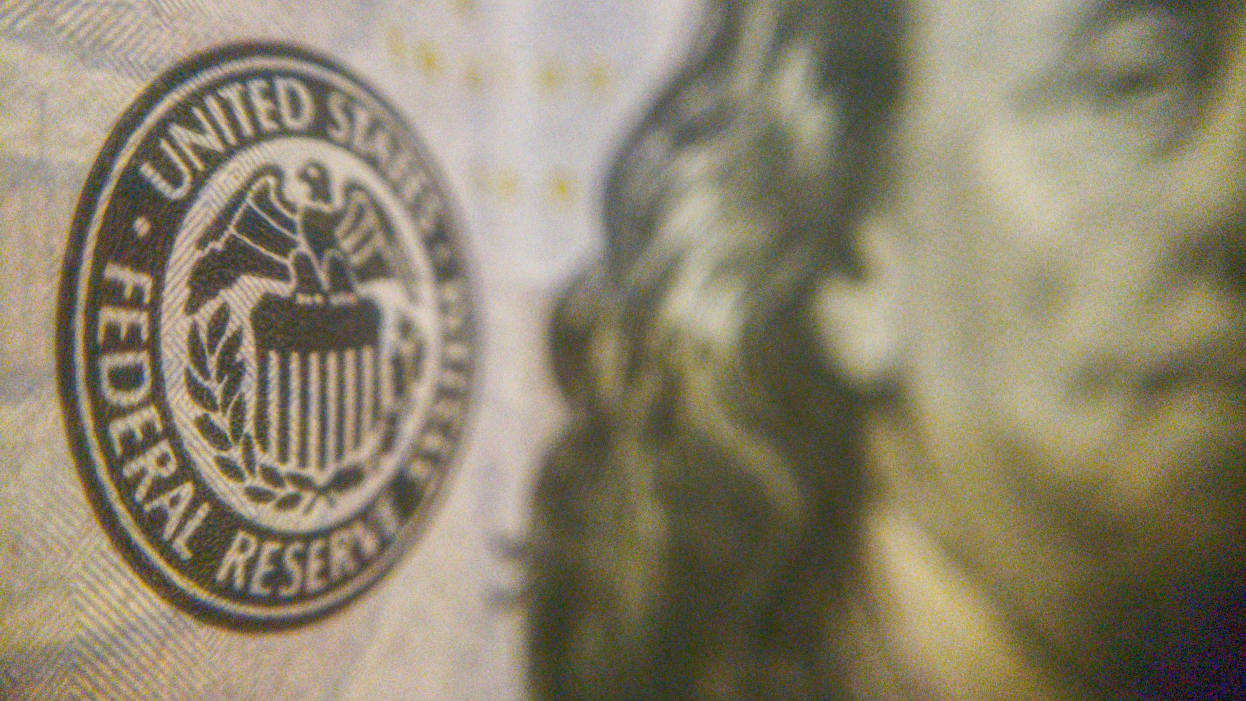 Immagine ravvicinata del sigillo del Federal Reserve System degli Stati Uniti su una banconota, con parte di un ritratto sullo sfondo, che mostra texture dettagliate e stampa fine.