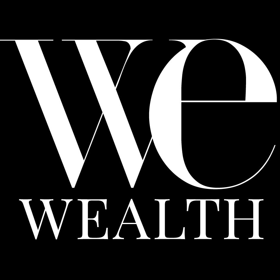 White capital letters spelling "WE WEALTH" on a black background, with "WE" in a large, bold serif font above "WEALTH" in a smaller, spaced serif font.