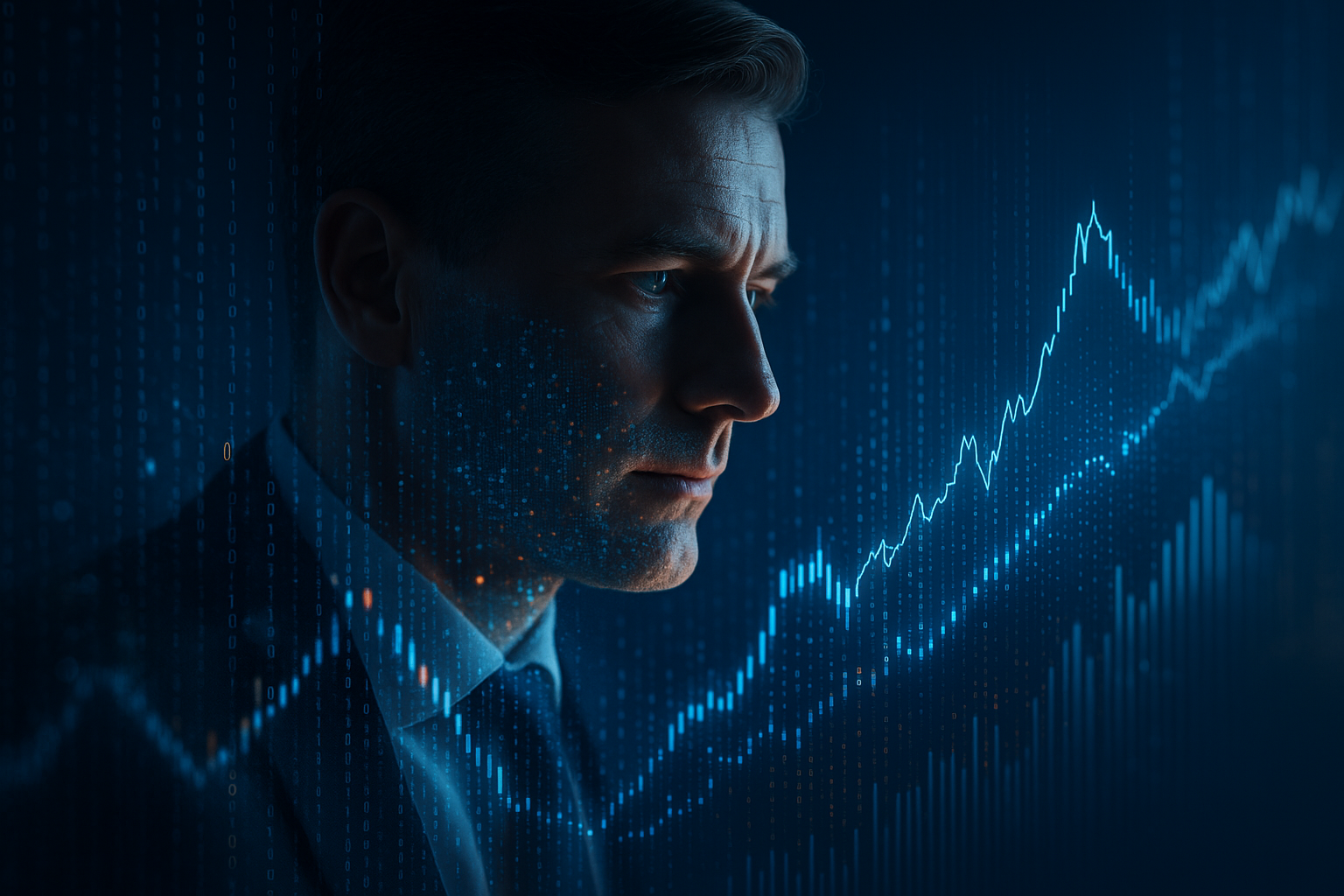 Un uomo serio in giacca e cravatta è sovrapposto a grafici finanziari e punti di dati blu luminosi, a indicare l'analisi e l'attenzione per le tendenze del mercato azionario o degli affari in un ambiente scuro e moderno.
