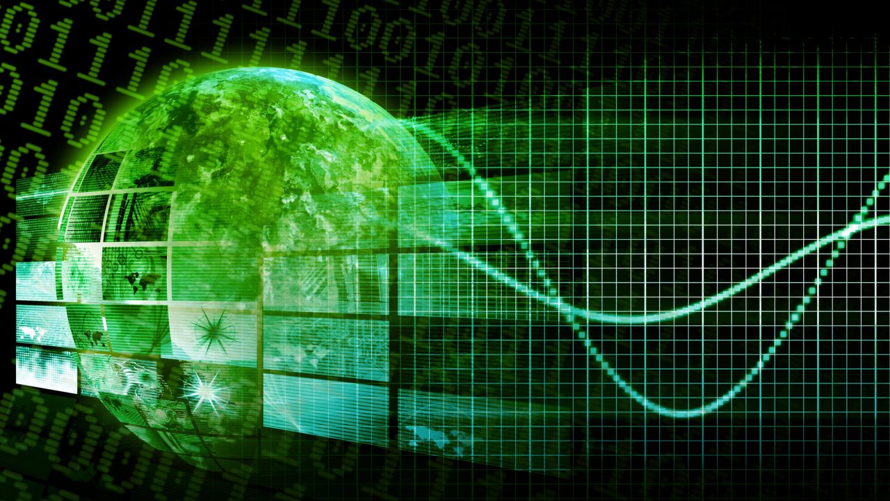 Un collage digitale con un globo verde, un codice binario e un motivo a griglia, con varie immagini e una linea ondulata luminosa, che simboleggia la connettività globale e la tecnologia dei dati.