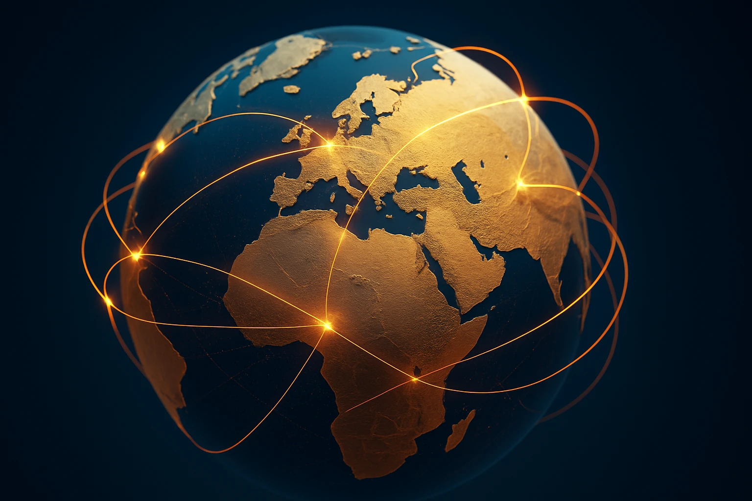 Un globo stilizzato che mostra l'Europa, l'Africa e parte dell'Asia. Linee e punti arancioni luminosi collegano le varie località, simboleggiando la comunicazione globale o il collegamento in rete attraverso i continenti. Lo sfondo è scuro per contrasto.