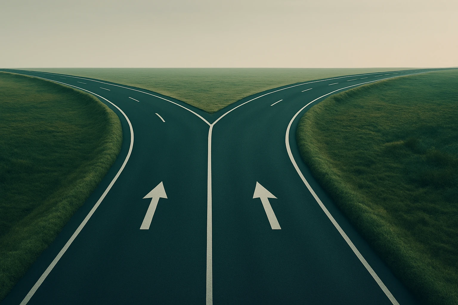 Un'autostrada divisa in due in un paesaggio erboso, che si divide in due strade separate sotto un cielo nebuloso, con frecce bianche che indicano ogni percorso.