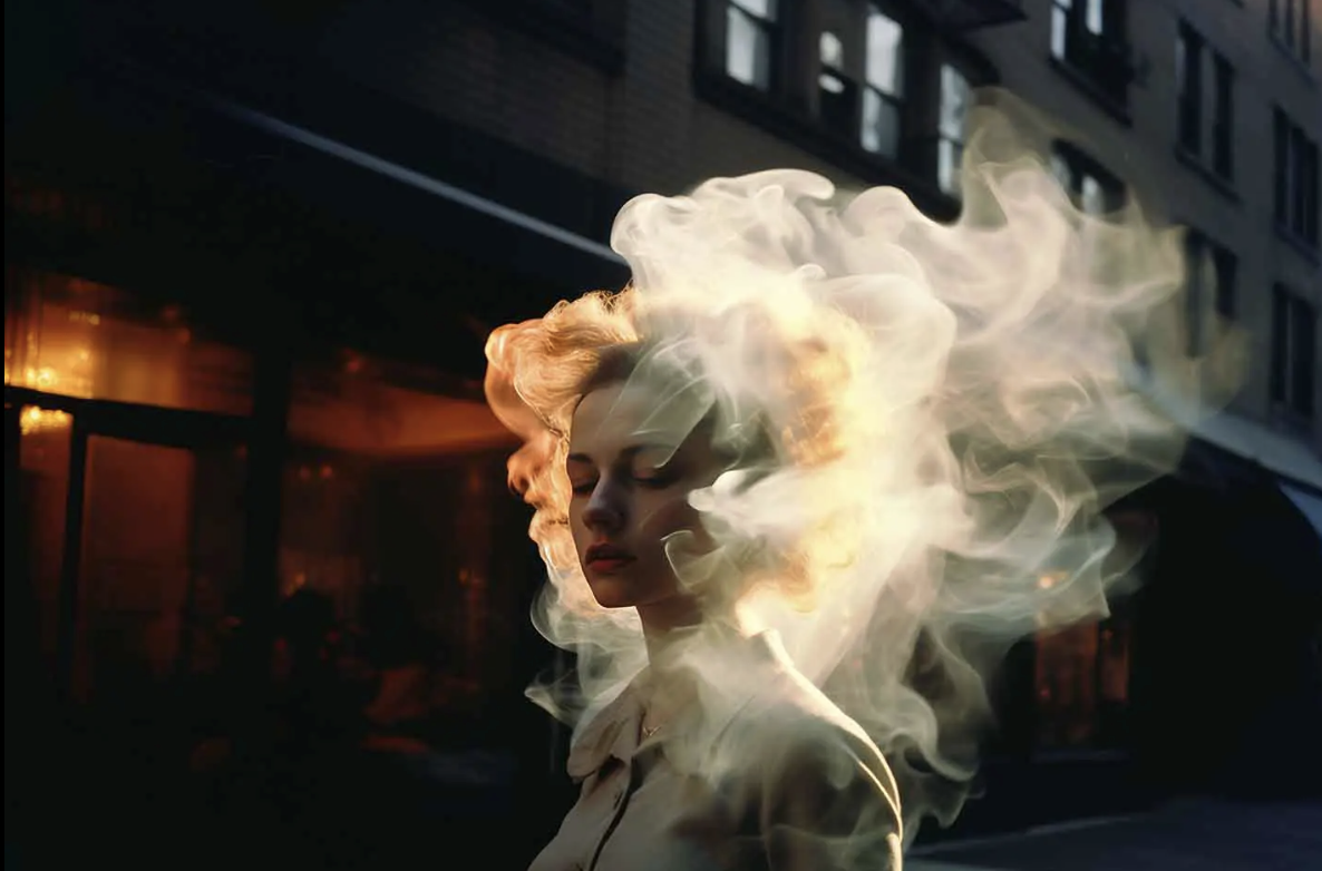 Una donna si trova in una strada della città, con gli occhi chiusi, mentre un fumo vorticoso o una nebbia - che ricorda l'IA creare opere d'arte - le circonda drammaticamente la testa, illuminata da una luce calda e incandescente proveniente dalle finestre vicine.