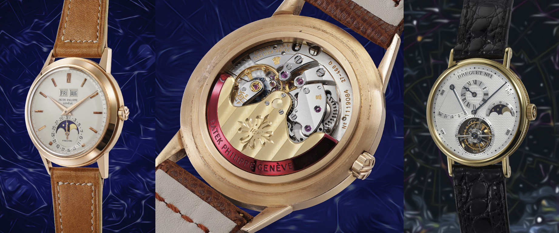 Vengono mostrati tre orologi da polso di lusso: il primo mostra il calendario e le fasi lunari, il secondo rivela un movimento meccanico dettagliato attraverso il fondello trasparente, mentre il terzo presenta più contatori e un'indicazione delle fasi lunari.