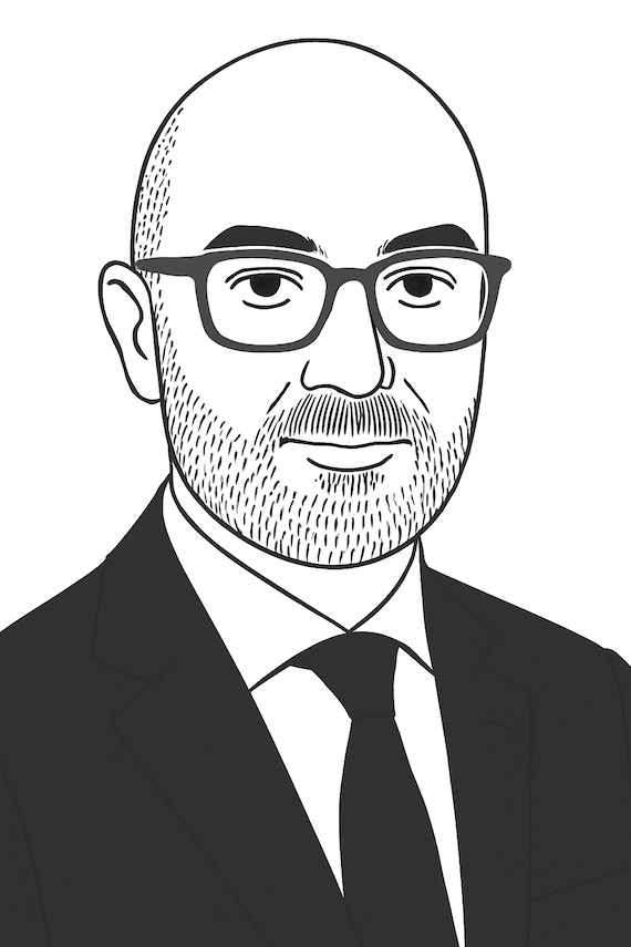 Black and white illustration of a man wearing glasses, a suit, and a tie. He has a bald head, a neatly trimmed beard, and a serious expression. The drawing is simple and clean, with minimal shading.