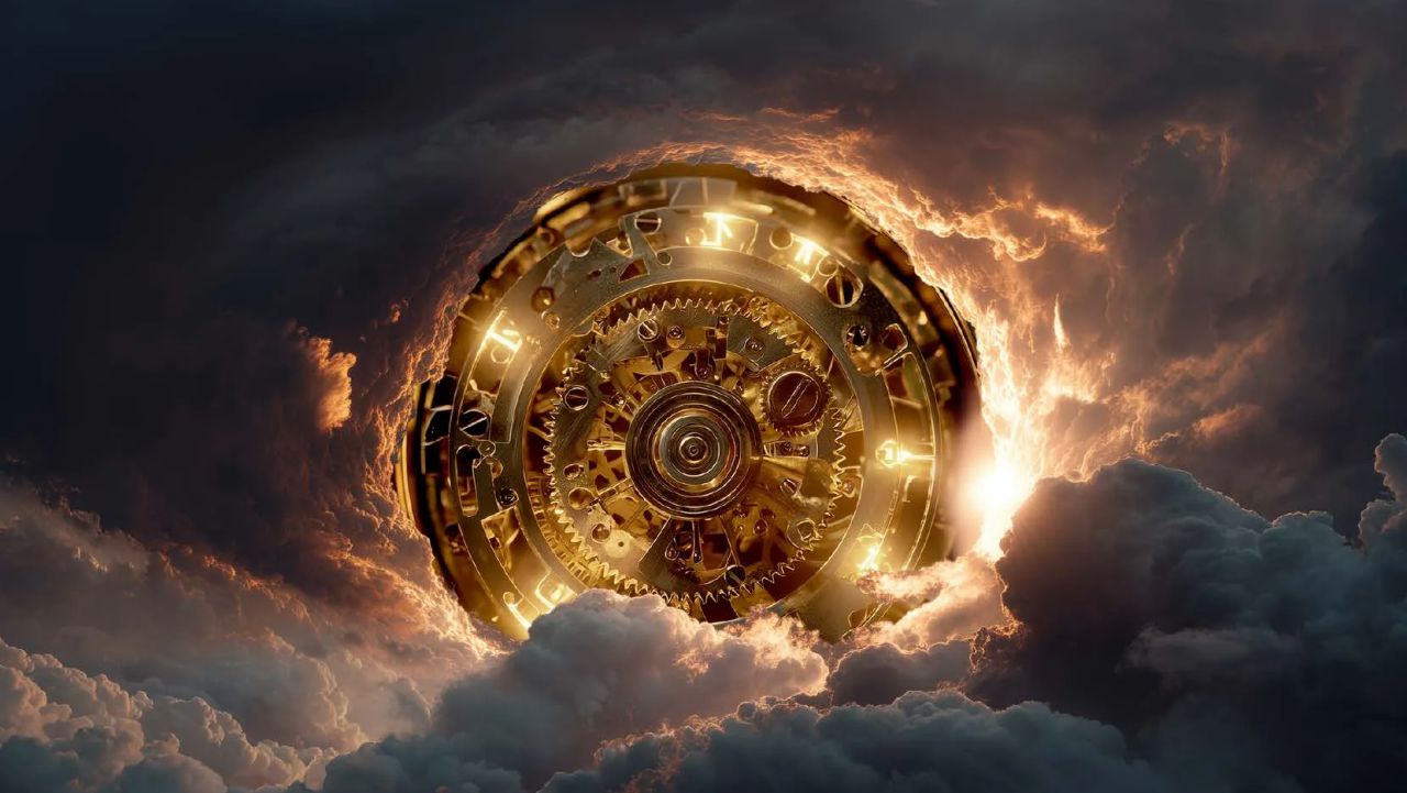 A large, glowing golden clockwork mechanism with intricate gears floats in a dramatic, cloudy sky, illuminated by a bright light shining through the clouds.