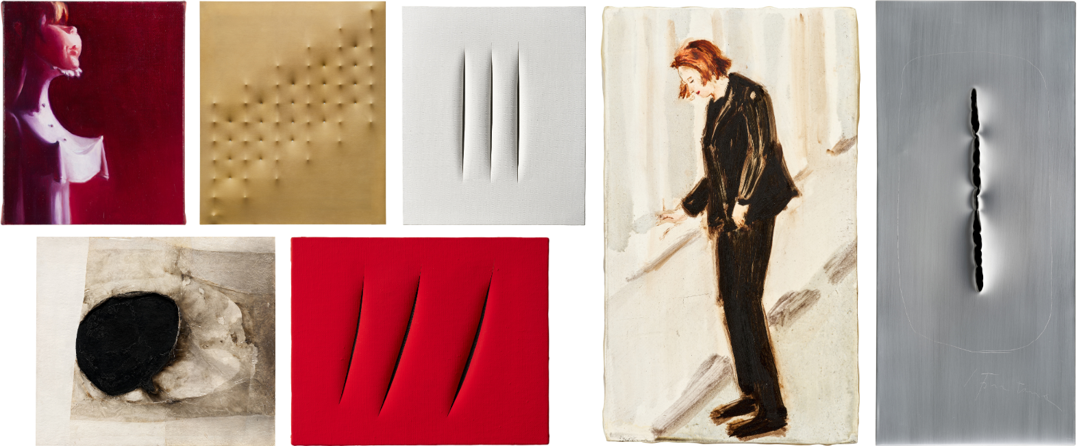 Un collage di otto opere d'arte moderna, tra cui figure dipinte, tele con tagli o perforazioni, superfici strutturate, un quadrato rosso con tre tagli diagonali ed elementi astratti in bianco e nero.