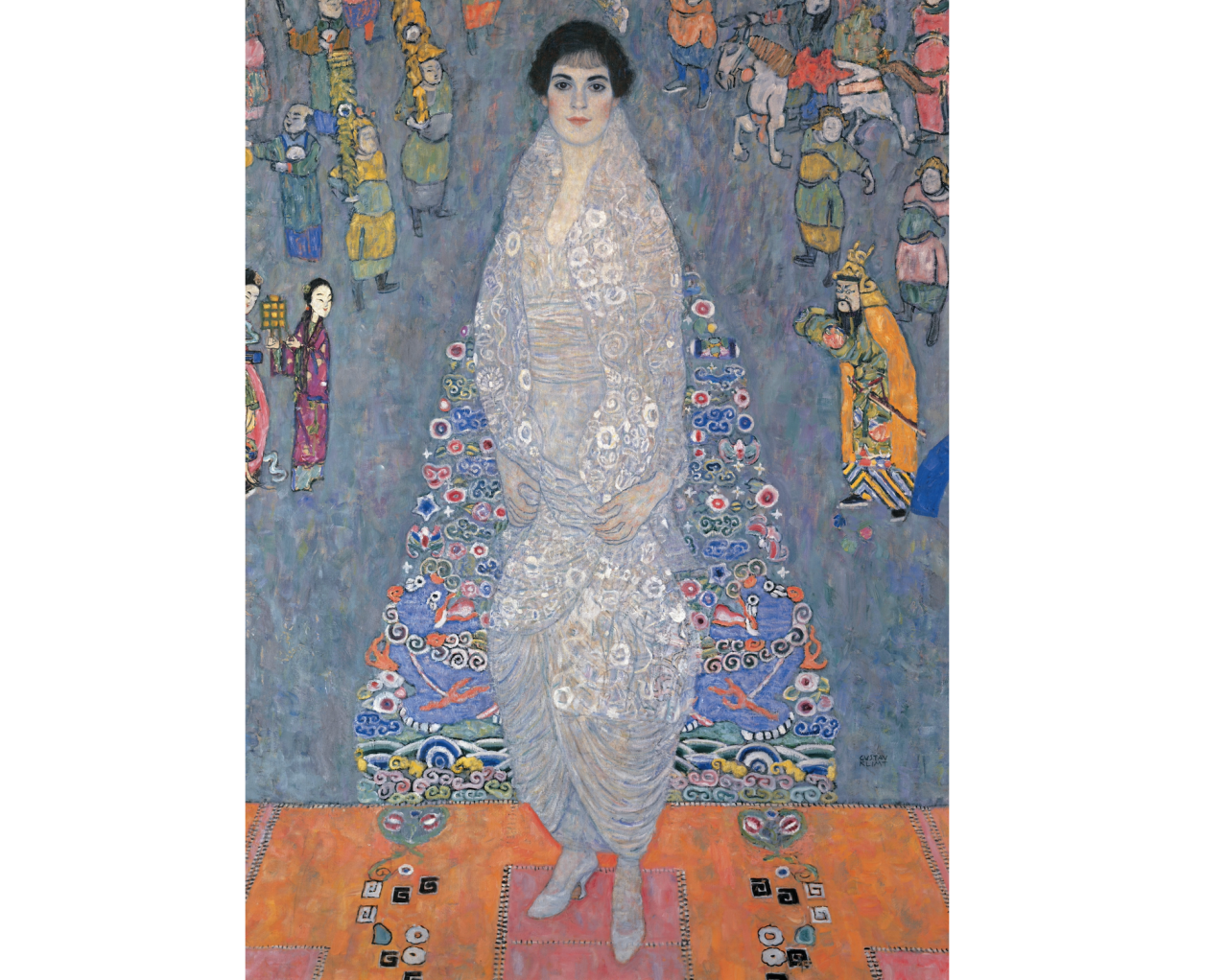 Il ritratto di Elizabeth Lederer di Klimt Una donna con un abito bianco ornato e decorato si staglia su uno sfondo vivace con forme astratte e figure colorate e stilizzate, in un dipinto di Gustav Klimt. L'ambientazione è ricca di dettagli e motivi decorativi, è fra le opere trofeo cui guardano i top 200 collezionisti di ARTnews