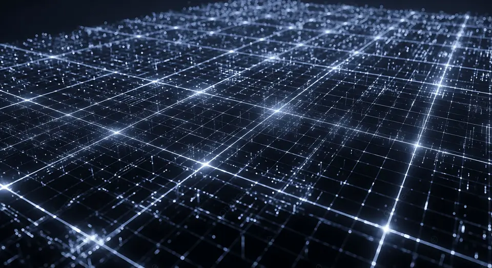 Una griglia digitale di linee e punti bianchi incandescenti su uno sfondo scuro, che ricorda una rete futuristica o un paesaggio virtuale visto dall'alto.