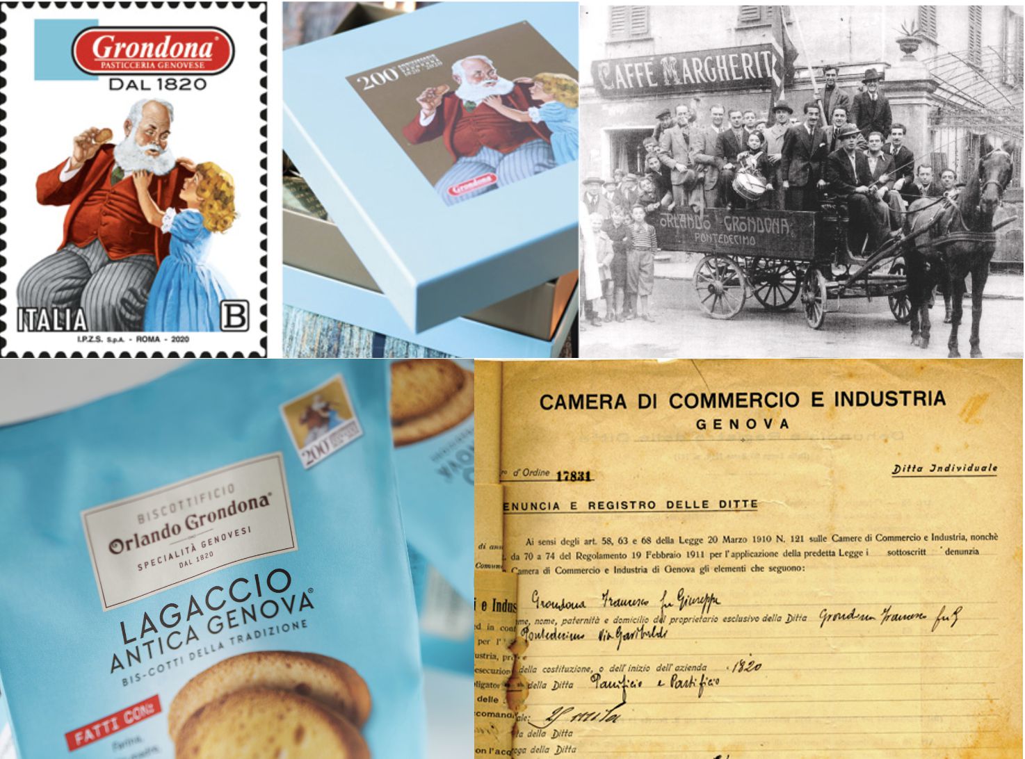 Un collage che mostra un francobollo di Grondona, un uomo che mangia un biscotto su una scatola blu, una foto d'epoca di persone con un carro di Grondona, una confezione di biscotti Lagaccio e un vecchio documento di registrazione aziendale di Genova.