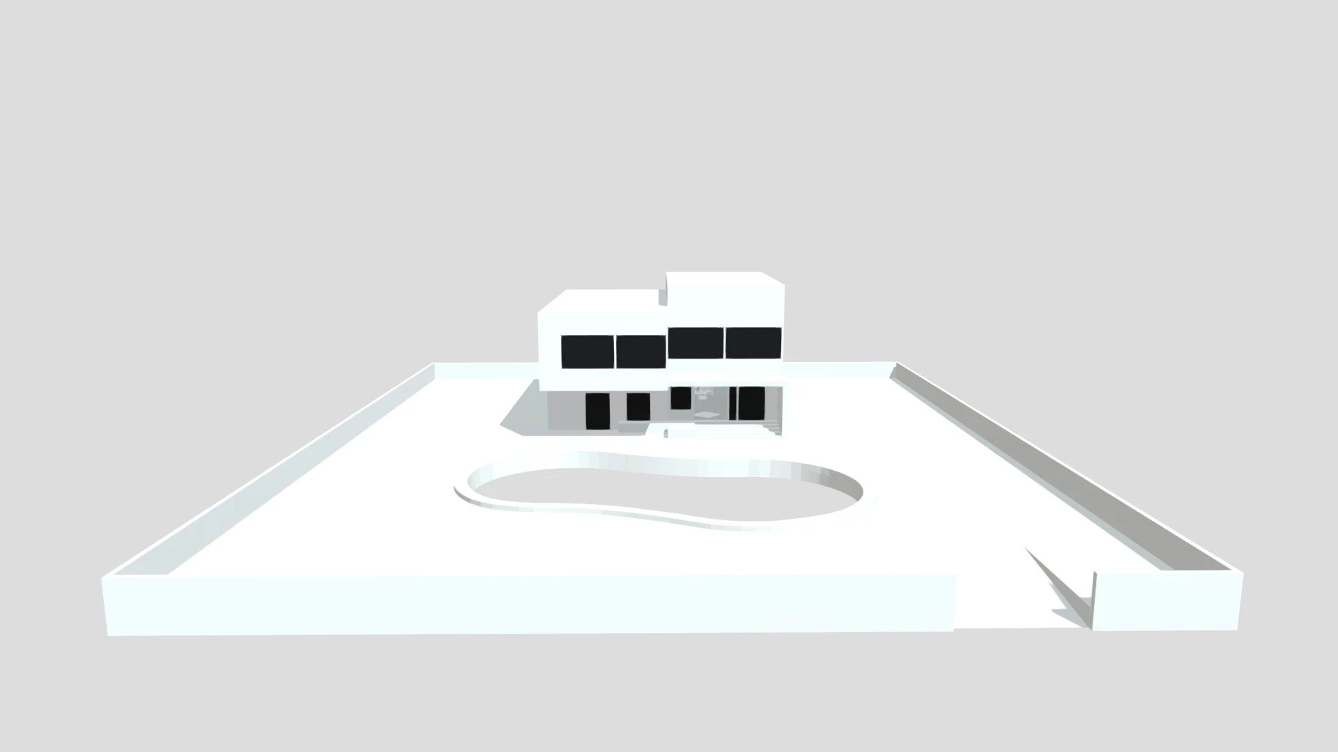 Rendering 3D minimalista di una moderna casa bianca con grandi finestre nere, situata su un terreno pianeggiante con una piscina a forma di fagiolo e un piccolo vialetto sulla destra.