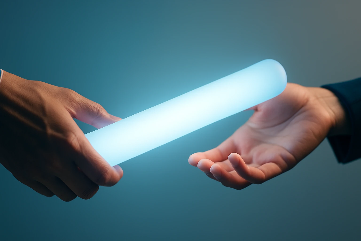 A glowing baton is being passed from one person to another against a blue background, symbolizing teamwork, leadership transition, or collaboration.