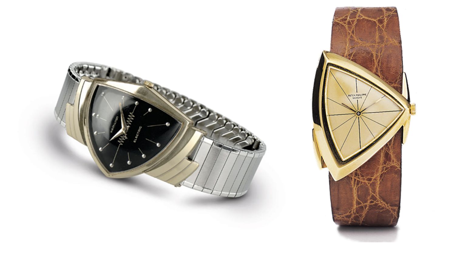 Vengono mostrati due orologi da polso triangolari: uno con quadrante nero e cinturino in metallo argentato, l'altro con quadrante e cassa in oro e cinturino in pelle marrone. Entrambi hanno un design unico e angolato.