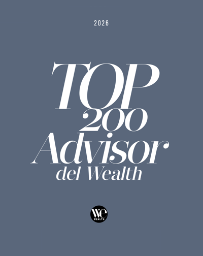 Uno sfondo blu con un grande testo bianco che recita "2026 TOP 200 Advisor del Wealth" e un piccolo cerchio nero in basso con la scritta "WE wealth" in bianco.