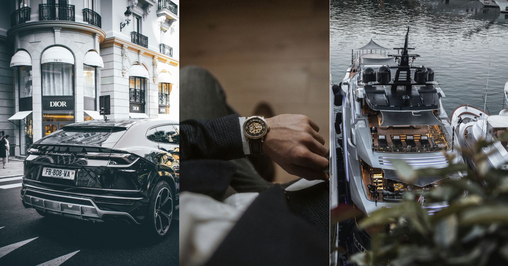 Un'auto di lusso parcheggiata vicino a un negozio Dior, un primo piano di un orologio da polso sul braccio di una persona e una vista aerea di un grande yacht attraccato in un porto.