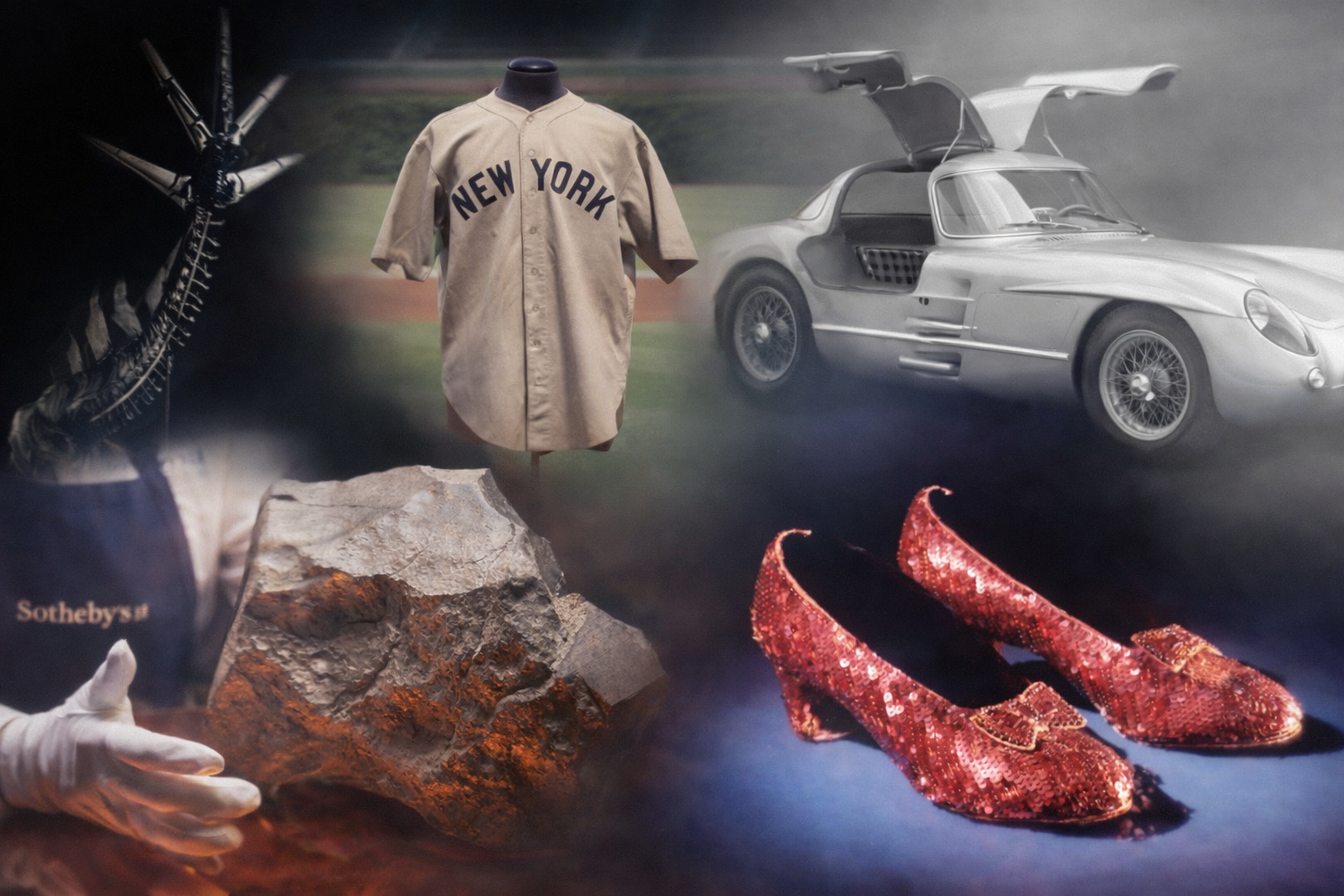 Un collage rivela una maglia da baseball con la scritta "New York", un'auto d'epoca argentata con le portiere aperte ad ali di gabbiano, pantofole rosso rubino, la punta della Statua della Libertà e una mano guantata che regge un sasso, ognuno dei quali allude al proprio record di aste.