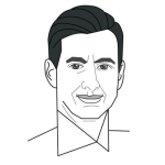 Black and white line drawing of a man with neatly styled dark hair, wearing a collared shirt and smiling slightly.