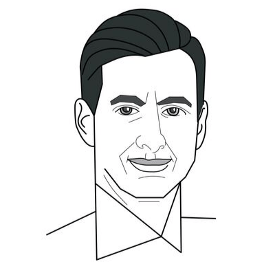 Black and white line drawing of a man with neatly styled dark hair, wearing a collared shirt and smiling slightly.