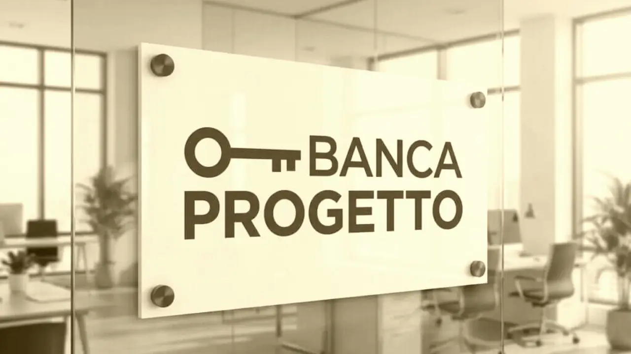 Un'insegna con il simbolo di una chiave e la scritta "Banca Progetto" è montata su una parete di vetro in un ufficio con scrivanie e sedie visibili sullo sfondo.