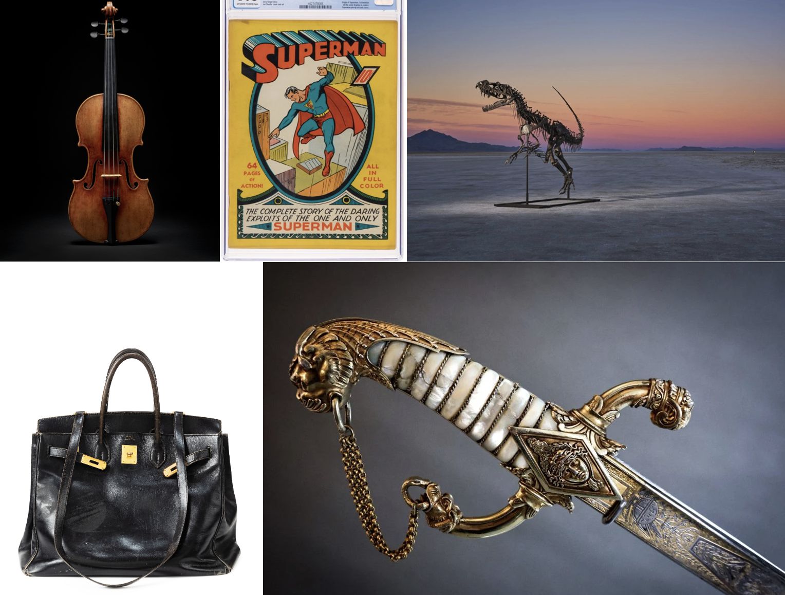Un collage con un violino, la copertina del fumetto Superman, uno scheletro di dinosauro nel deserto, una borsa nera e una spada ornata con dettagli in oro e avorio.