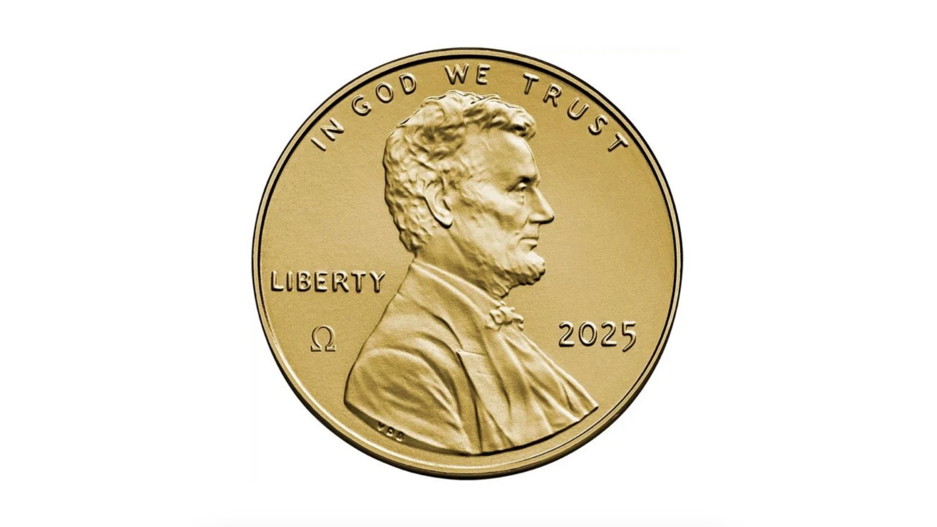 Un penny statunitense del 2025 con il profilo di Abraham Lincoln e le parole "IN GOD WE TRUST", "LIBERTY" e "2025" incise sulla moneta. C'è anche un piccolo simbolo omega (Ω) sotto "LIBERTY".