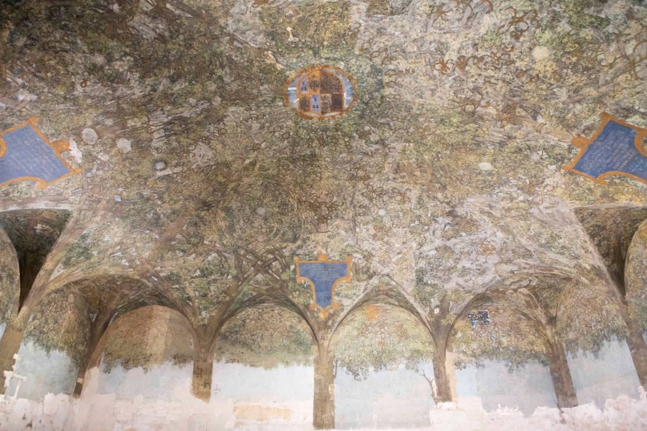 Un soffitto a volta con affreschi sbiaditi che presentano opere d'arte intricate e dettagliate e diverse forme geometriche in blu e oro; le pareti inferiori mostrano segni di usura e degrado.