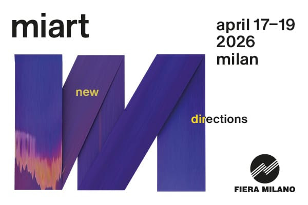 Manifesto per la fiera d'arte "miart" di Milano, 17-19 aprile 2026, con una grande "M" viola e la scritta "new directions" e il logo di Fiera Milano in basso a destra.